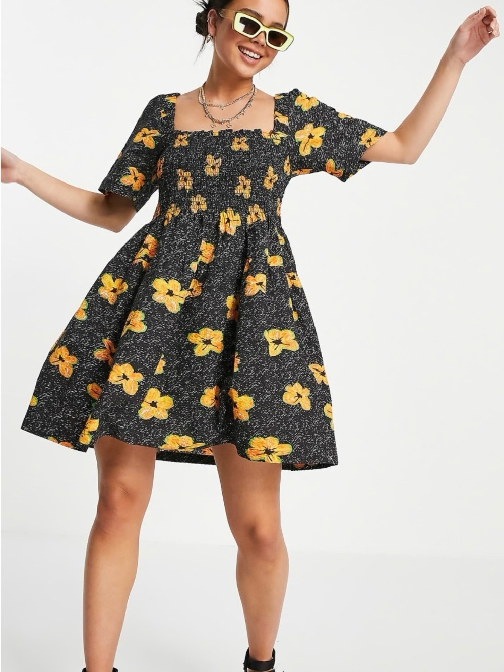 Smocked Black Casual Dress with Yellow Floral Print, sz4 - Picture 1 of 10